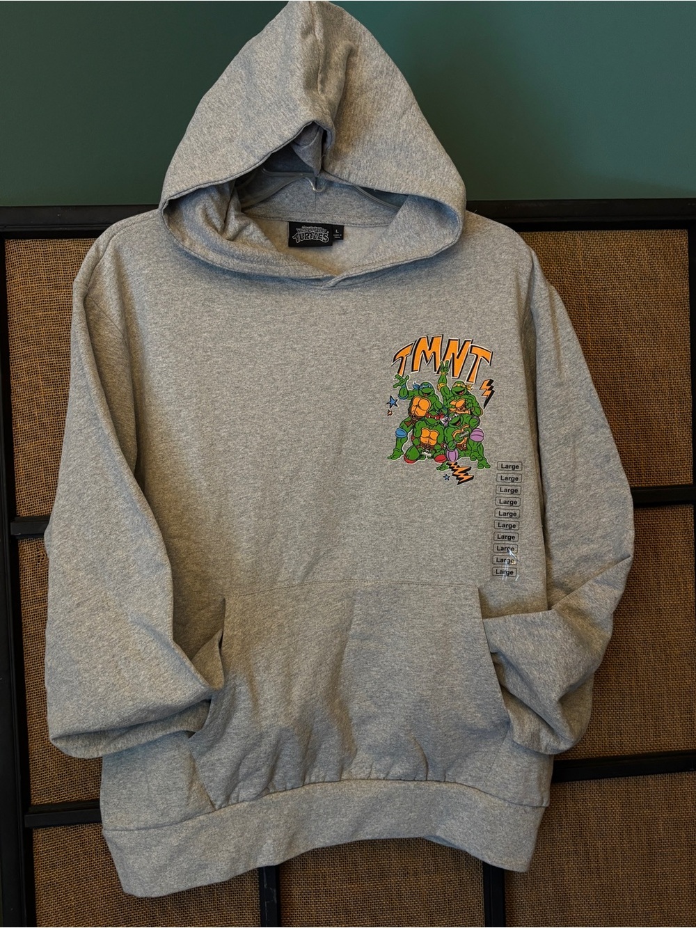 TEENAGE MUTANT NINJA TURTLES PULLOVER GRAY HOODIE MENS SIZE LARGE BOLD PRINT